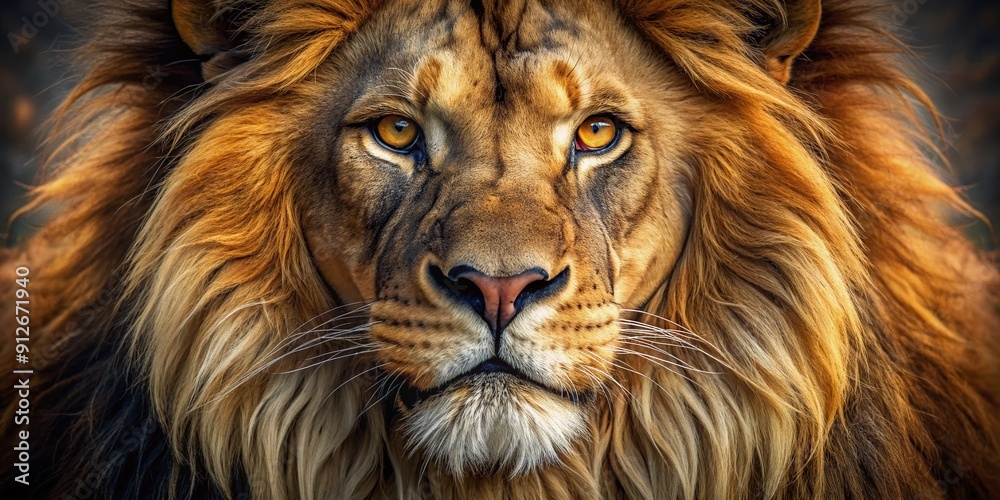 Naklejka premium Majestic lion in close up portrait exudes regal power, intense gaze, and fierce stare, symbolizing the apex predator of the African savannah in stunning detail.