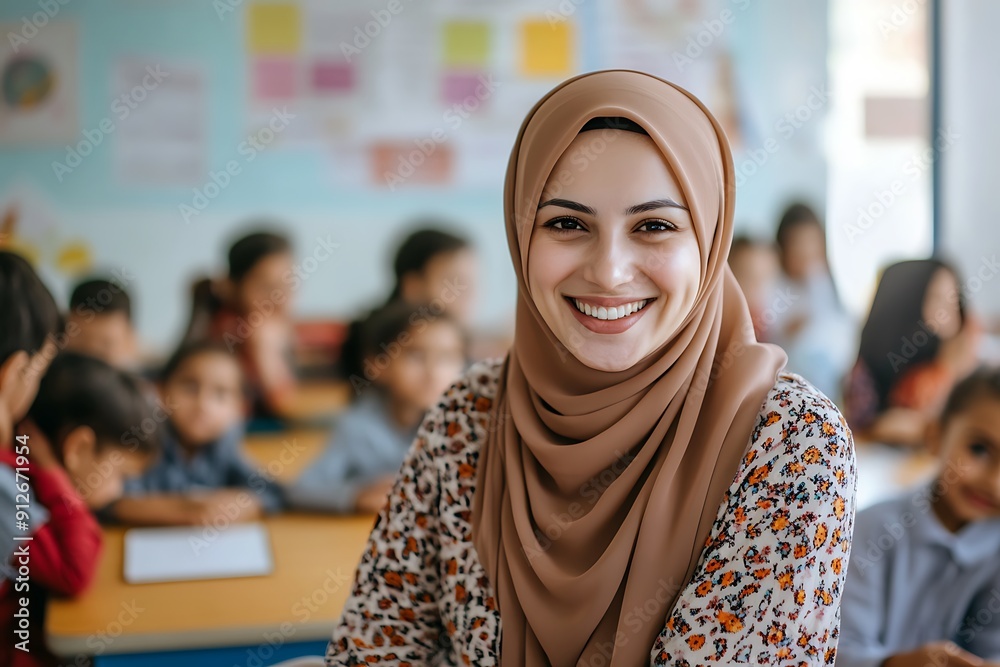 Smiling Female Teacher in Hijab with Students in Classroom Smiling Female Teacher in Hijab with Students in Classroom