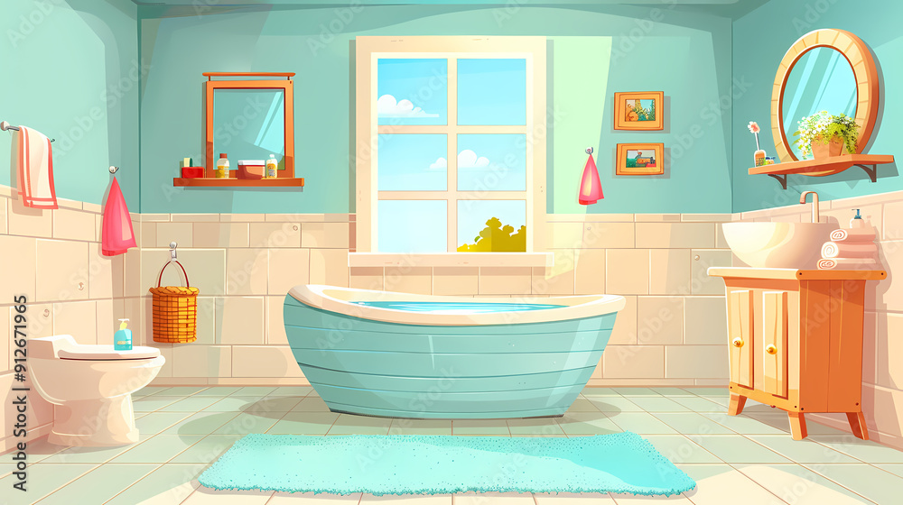 Bath room interior with bathtub and toilet bowl, cabinets and mirrors, cleaning products, and towels. Cartoon vector shower space with window and carpet on floor. Bath room interior with bathtub and toilet bowl, cabinets and mirrors, cleaning products, and towels. Cartoon vector shower space with window and carpet on floor.