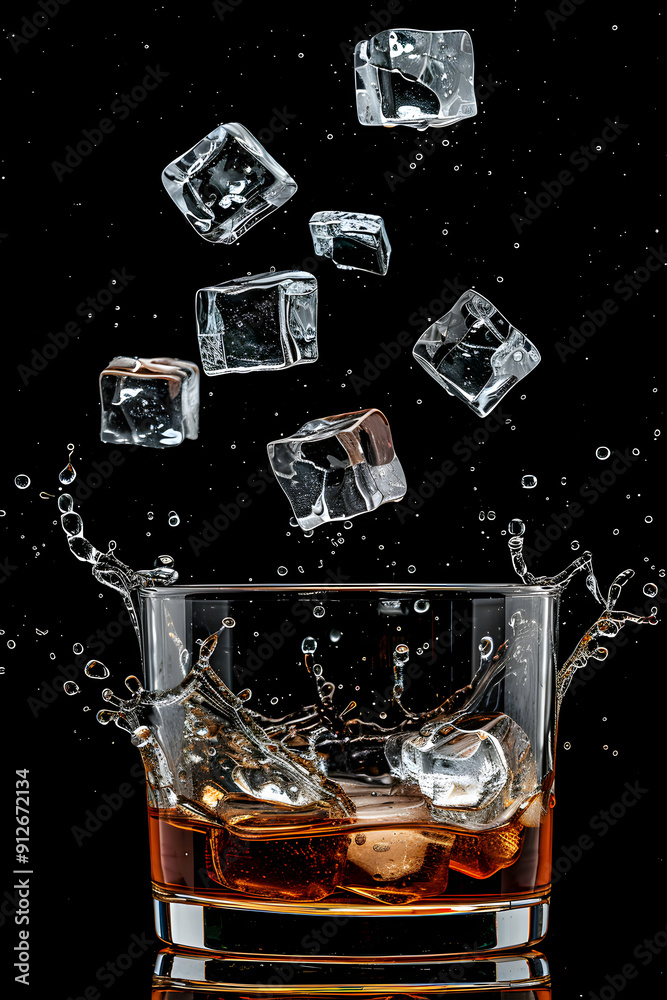 Ice cubes falling into a glass of whiskey. Ice cubes falling into a glass of whiskey.