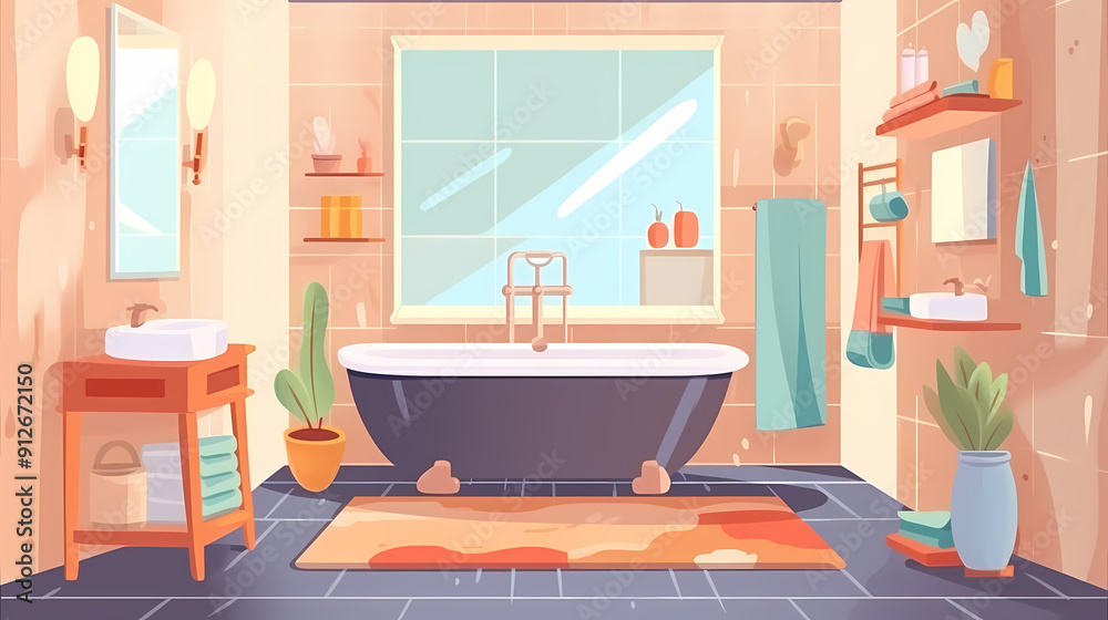Bath room interior with bathtub and toilet bowl, cabinets and mirrors, cleaning products, and towels. Cartoon vector shower space with window and carpet on floor. Bath room interior with bathtub and toilet bowl, cabinets and mirrors, cleaning products, and towels. Cartoon vector shower space with window and carpet on floor.