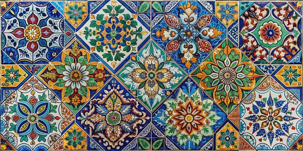 Vibrant ceramic tiles featuring intricate geometric patterns, floral motifs, and Arabic-inspired designs in a kaleidoscope of colors, perfect for Mediterranean or bohemian-inspired spaces. Vibrant ceramic tiles featuring intricate geometric patterns, floral motifs, and Arabic-inspired designs in a kaleidoscope of colors, perfect for Mediterranean or bohemian-inspired spaces.