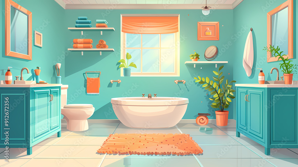 Bath room interior with bathtub and toilet bowl, cabinets and mirrors, cleaning products, and towels. Cartoon vector shower space with window and carpet on floor. Bath room interior with bathtub and toilet bowl, cabinets and mirrors, cleaning products, and towels. Cartoon vector shower space with window and carpet on floor.