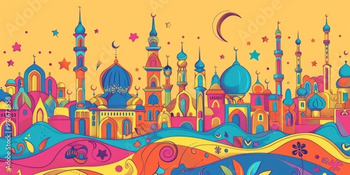 Colorful mosque cityscape with crescent moon.