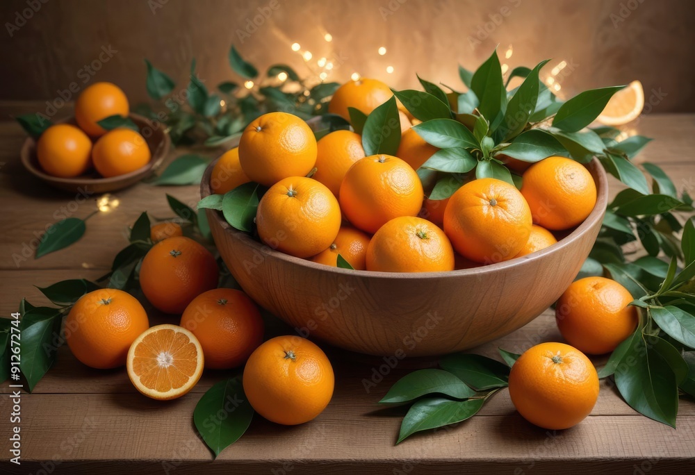 a bowl filled with various orange fruits, including oranges and tangerines, resting on a rustic wooden table with fresh green leaves scattered around, high detail, gold glow bright orange color , ai a bowl filled with various orange fruits, including oranges and tangerines, resting on a rustic wooden table with fresh green leaves scattered around, high detail, gold glow bright orange color , ai