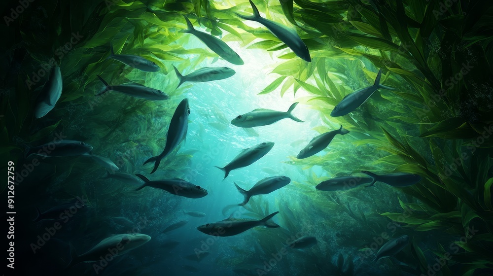 Obraz premium A mesmerizing spectacle of fish streaming through a dense kelp forest, their sleek forms flowing effortlessly amidst the vibrant underwater foliage
