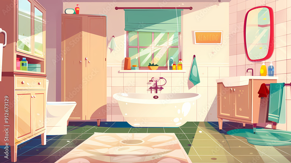 Bath room interior with bathtub and toilet bowl, cabinets and mirrors, cleaning products, and towels. Cartoon vector shower space with window and carpet on floor. Bath room interior with bathtub and toilet bowl, cabinets and mirrors, cleaning products, and towels. Cartoon vector shower space with window and carpet on floor.
