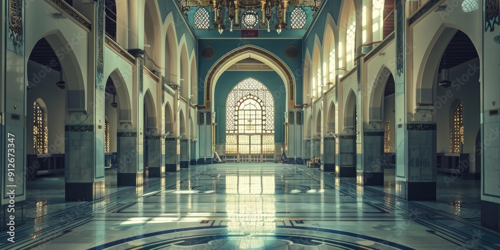 Obraz premium Ornate hallway with arches and a large window.