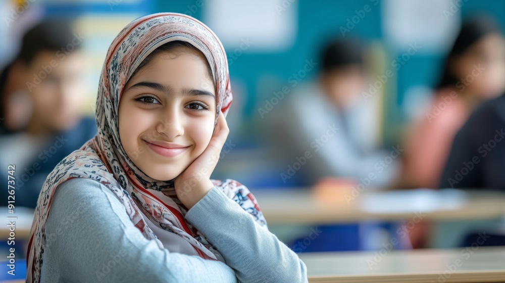 A smiling girl in a classroom with a headscarf A smiling girl in a classroom with a headscarf