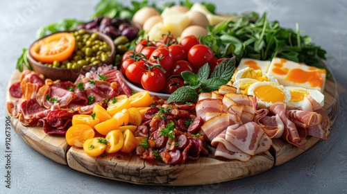 A delicious English breakfast plate featuring fried eggs, beans, bacon, and toast on wooden plate. The perfect combination of ingredients for a hearty meal