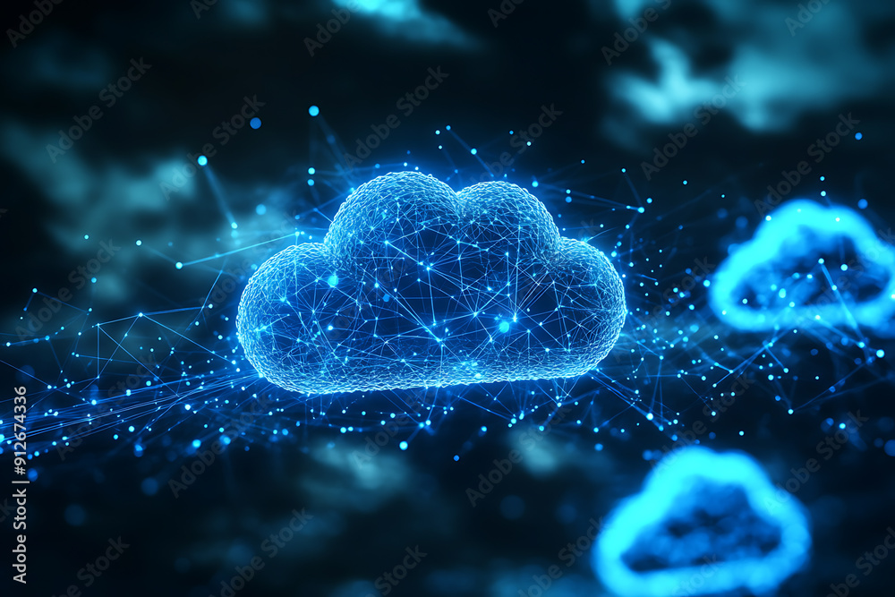 An abstract digital background illustrating the concept of cloud storage with a network of interconnected data points and a central cloud icon An abstract digital background illustrating the concept of cloud storage with a network of interconnected data points and a central cloud icon