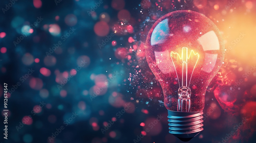 A single light bulb glowing brightly on a colorful background of bokeh. A single light bulb glowing brightly on a colorful background of bokeh.