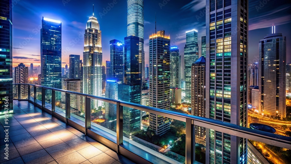 Obraz premium A stunning cityscape view of modern skyscrapers illuminated at night from a high-angle balcony. The city comes alive with vibrant lights and futuristic architecture.