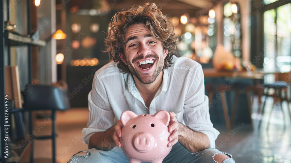 Obraz premium Joyful young man saving money in a piggy bank, showing excitement and happiness