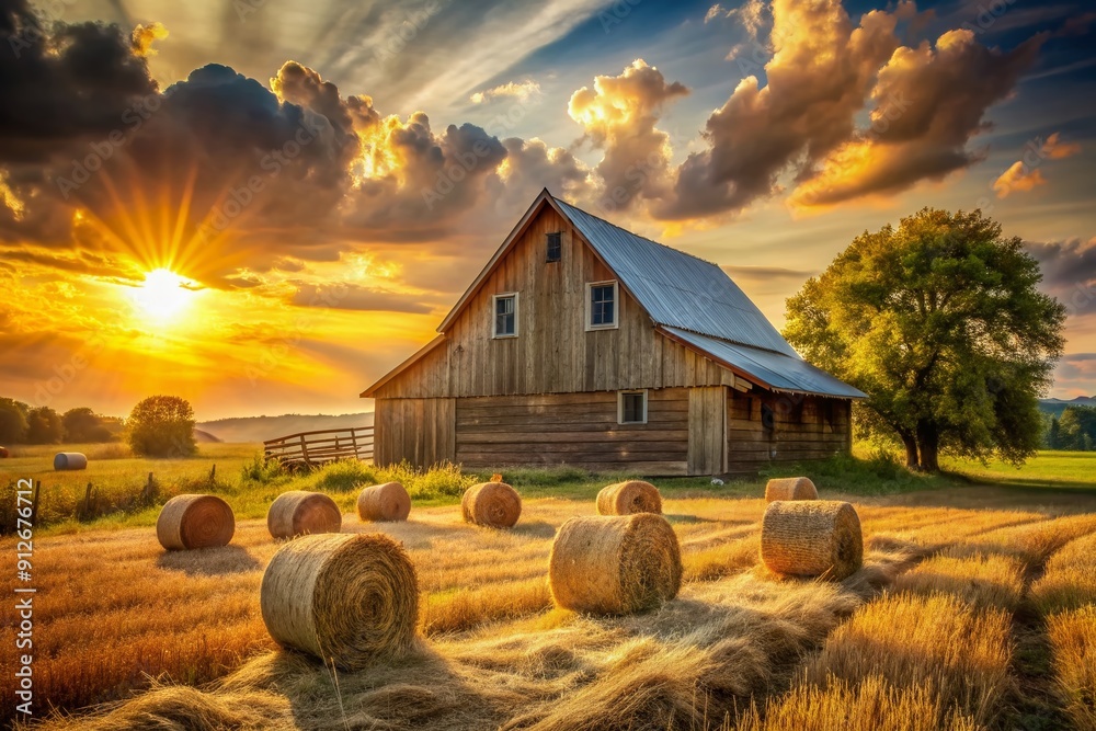 Φωτογραφία Idyllic rural landscape featuring a vintage barn surrounded by golden hay bales, bathed in warm sunlight, evoking a sense of serenity and rustic charm