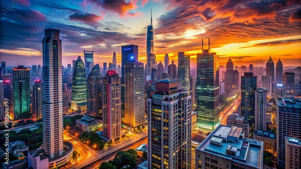 Obraz premium Vibrant cityscape at dusk featuring a sprawling metropolitan skyline with towering skyscrapers, neon lights, and bustling streets devoid of human presence.