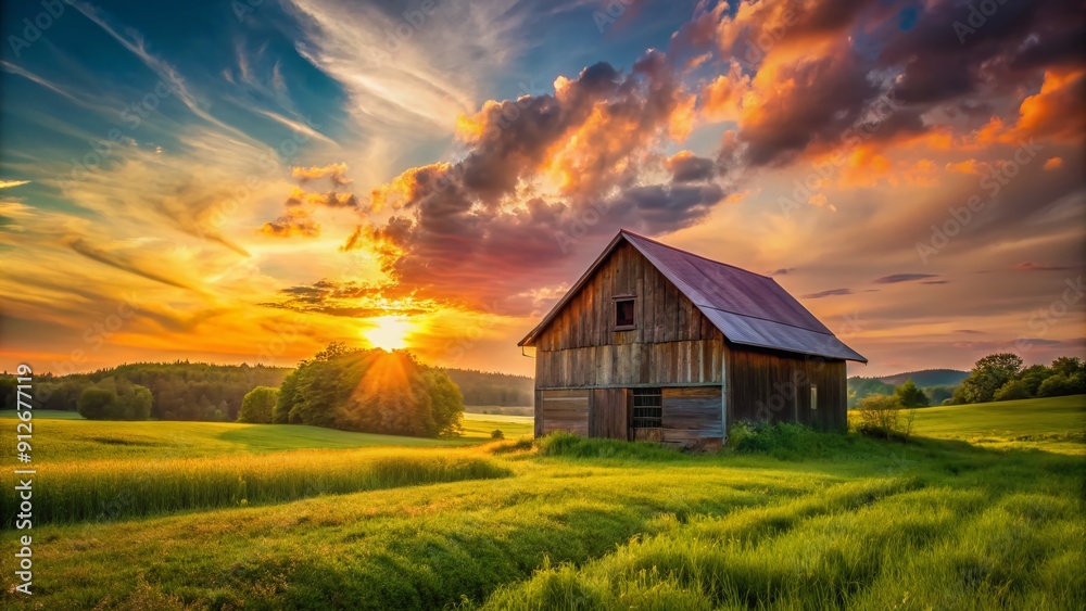 Serene rustic barn stands alone in a lush green field, bathed in warm golden light of a breathtaking sunset with hues of orange and pink. Serene rustic barn stands alone in a lush green field, bathed in warm golden light of a breathtaking sunset with hues of orange and pink.