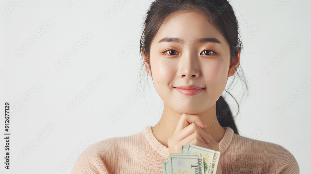 Smiling Asian woman holding South Korean won bills, thinking and isolated on a white background