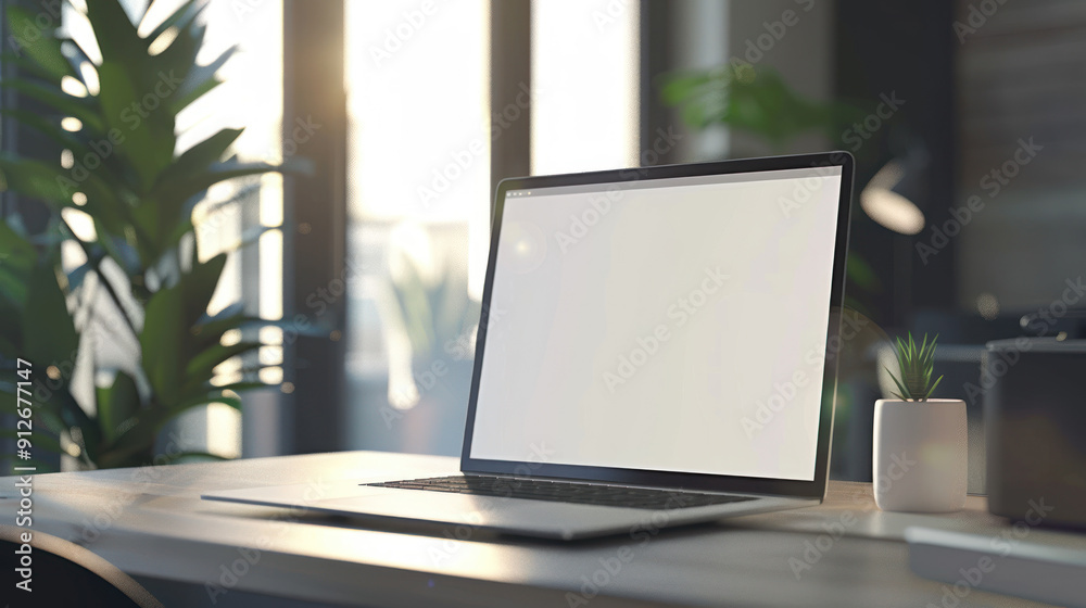 Professional workspace with a laptop on a desk, empty display for customization, clean and modern setting Professional workspace with a laptop on a desk, empty display for customization, clean and modern setting