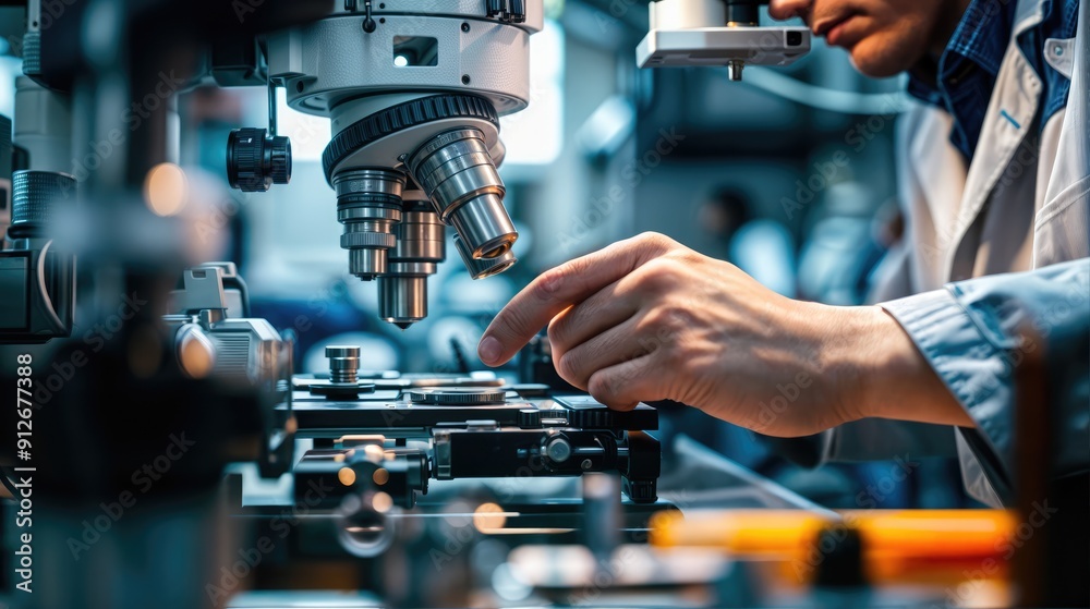 Close-up photo of a scientist with a microscope. AI generated. Close-up photo of a scientist with a microscope. AI generated.