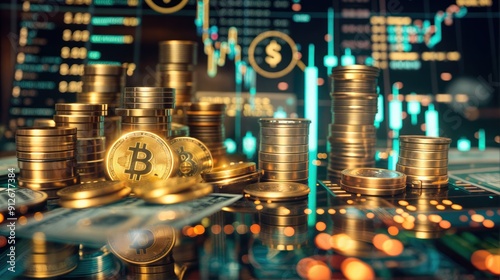 Photo of a trading diagram and crypto coins. AI generated.
