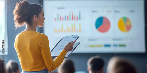 Businesswoman presenting with charts and graphs photo