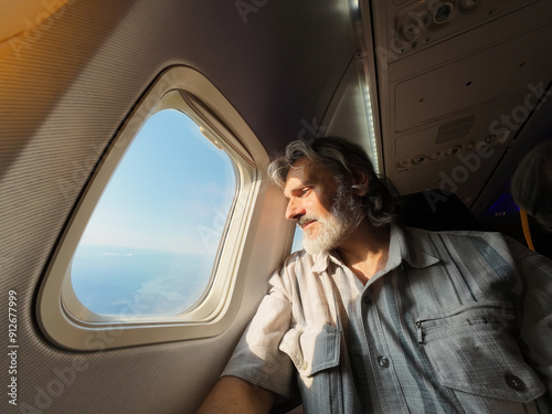 Caucasian mature man sitting in an airplane