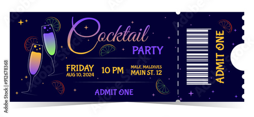 Blue Cocktail Party Invitation Ticket Design with colorful drinks, event details and admit one barcode