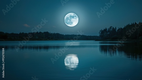 Full moon shining over a calm lake with tree silhouettes reflecting the lunar light creating a serene and mystical night atmosphere