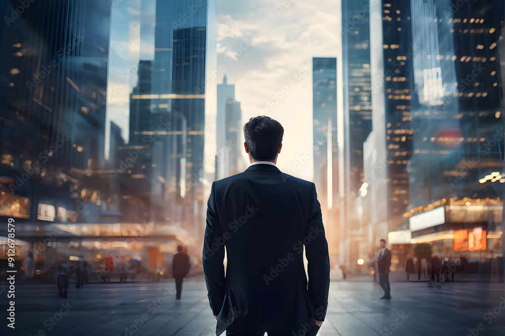 A man in a suit stands in the middle of a busy city street A man in a suit stands in the middle of a busy city street