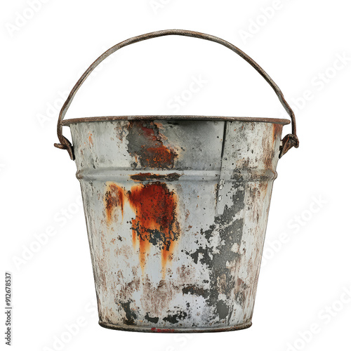 Old rusty metal bucket with handle isolated background.