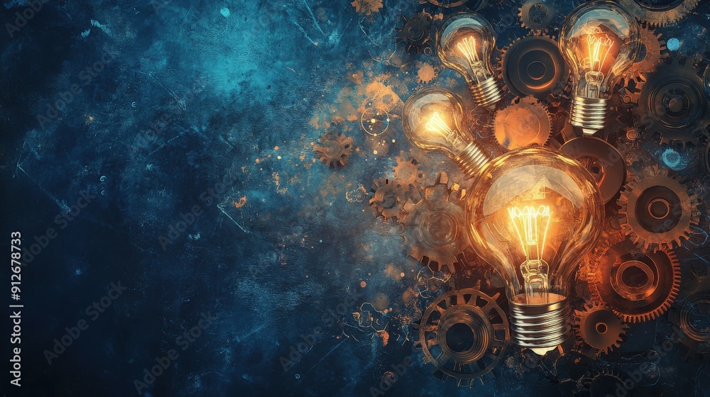 Glowing light bulbs and gears on dark blue background with copy space. Glowing light bulbs and gears on dark blue background with copy space.