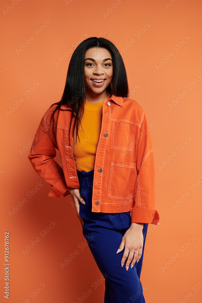 A stylish woman radiates confidence against a vibrant backdrop.