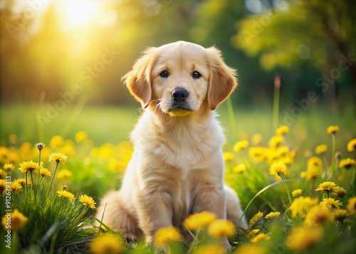 Adorable golden retriever puppy with fluffy fur and wagging tail sits alone on a green grassy meadow, surrounded by vibrant yellow flowers on sunny day. photo