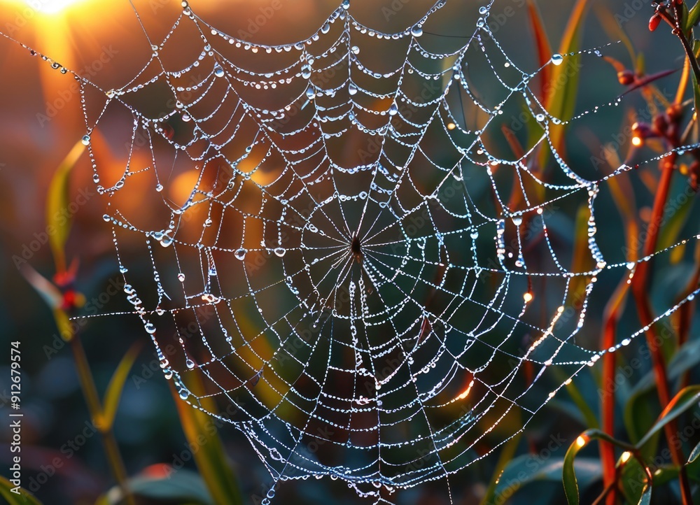 Naklejka premium the delicate beauty of a spider web covered in morning dew at sunrise.