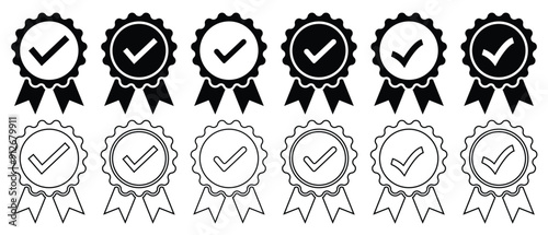 Approved or certified medal icon. Verified icon set. Approval check icon collection. Icon in flat style and line.