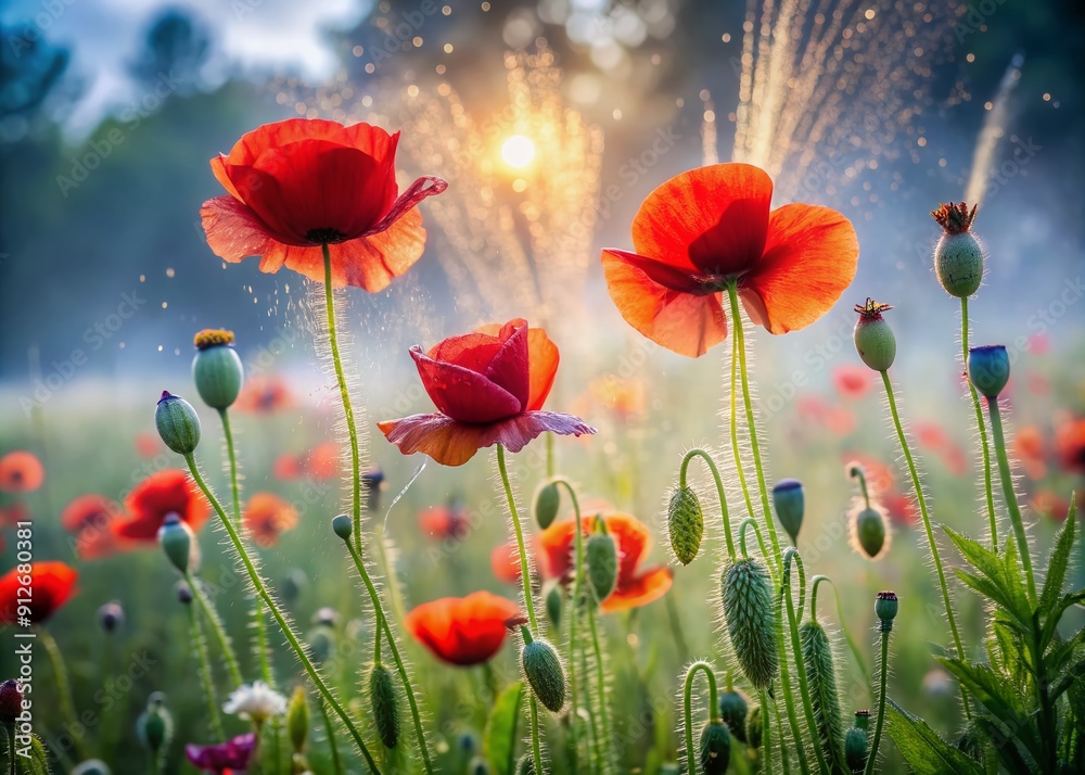 Fototapeta premium Vibrant red poppies bloom in a lush summer meadow, surrounded by soft focus fog, glistening water droplets, and a blurred background, perfect for phone wallpapers.