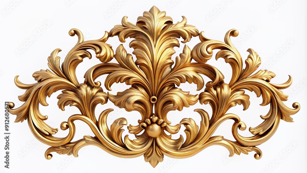 Intricate golden Baroque ornament 3D set isolated on a pristine white background, showcasing ornate swirls, filigree, and acanthus leaves in luxurious metallic detail. Intricate golden Baroque ornament 3D set isolated on a pristine white background, showcasing ornate swirls, filigree, and acanthus leaves in luxurious metallic detail.
