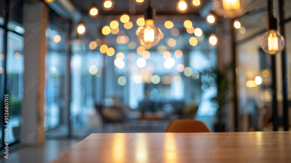 Empty open office space with a blurred background and soft bokeh lights, ideal for design concepts