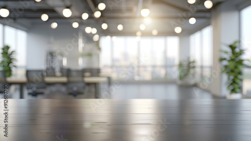 Empty open office space with a blurred background and soft bokeh lights, ideal for design concepts