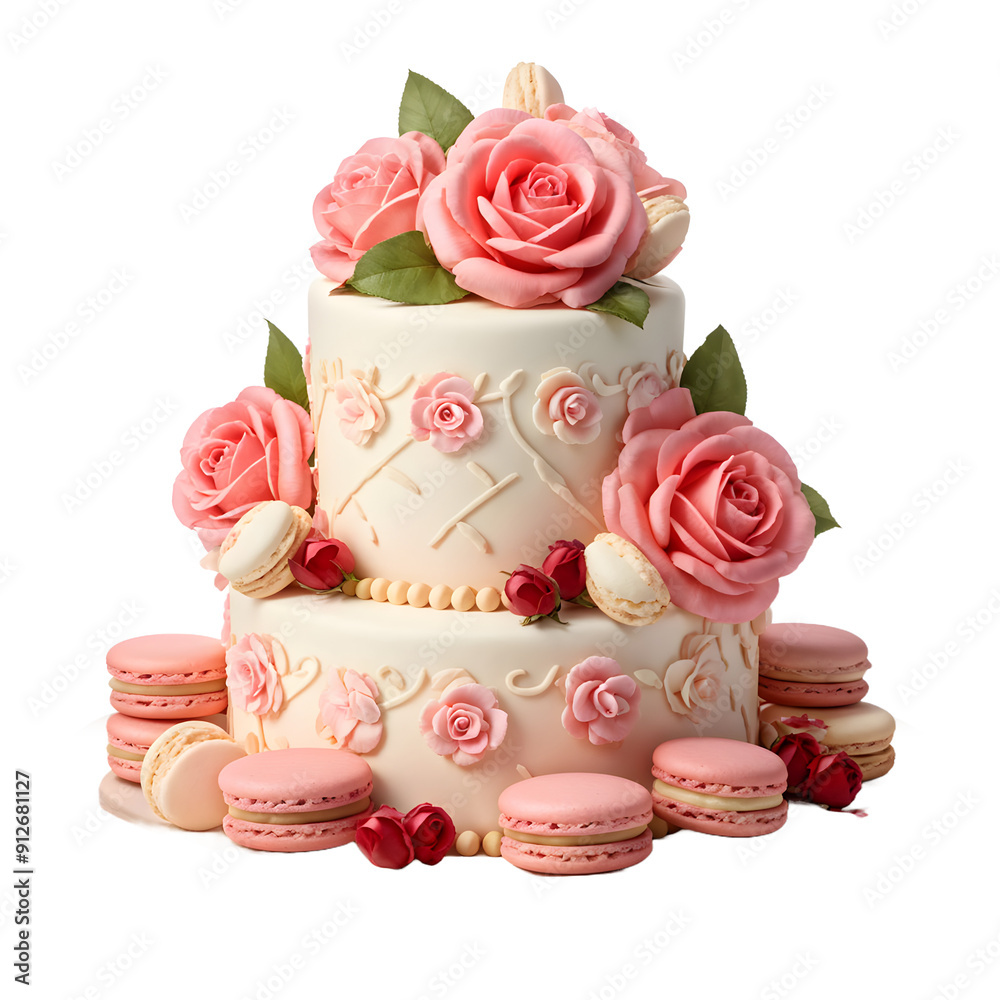 realistic Biscuit cake with roses and tasty macarons isolated on white background realistic Biscuit cake with roses and tasty macarons isolated on white background
