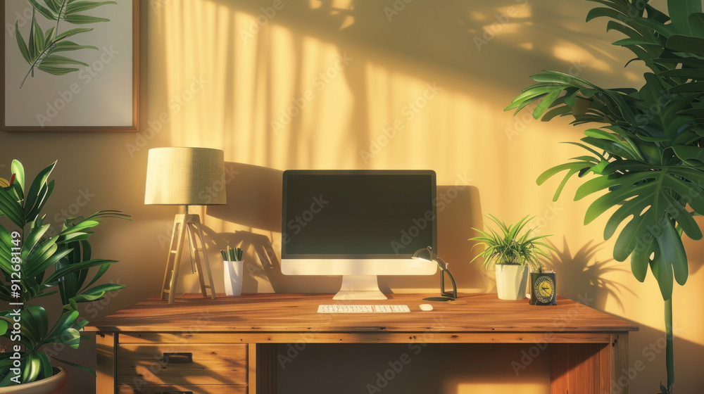 Cozy home office interior with a wooden desk, computer monitor, lamp, and green potted plants for a fresh ambiance