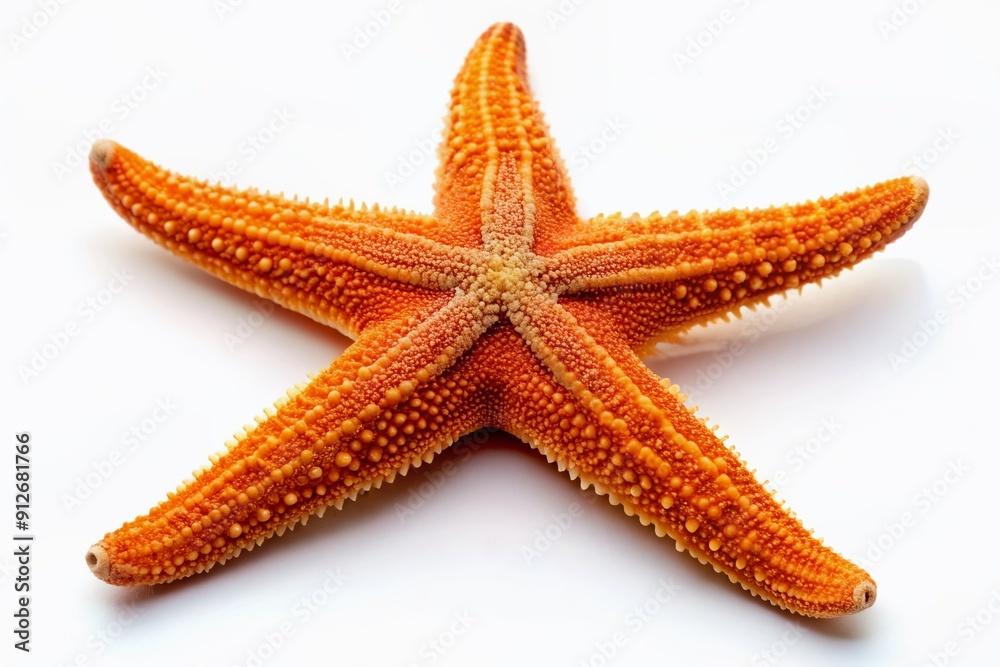 A vibrant orange starfish with five delicate arms and tiny tube feet stands out against a crisp white background in exquisite isolated detail. A vibrant orange starfish with five delicate arms and tiny tube feet stands out against a crisp white background in exquisite isolated detail.