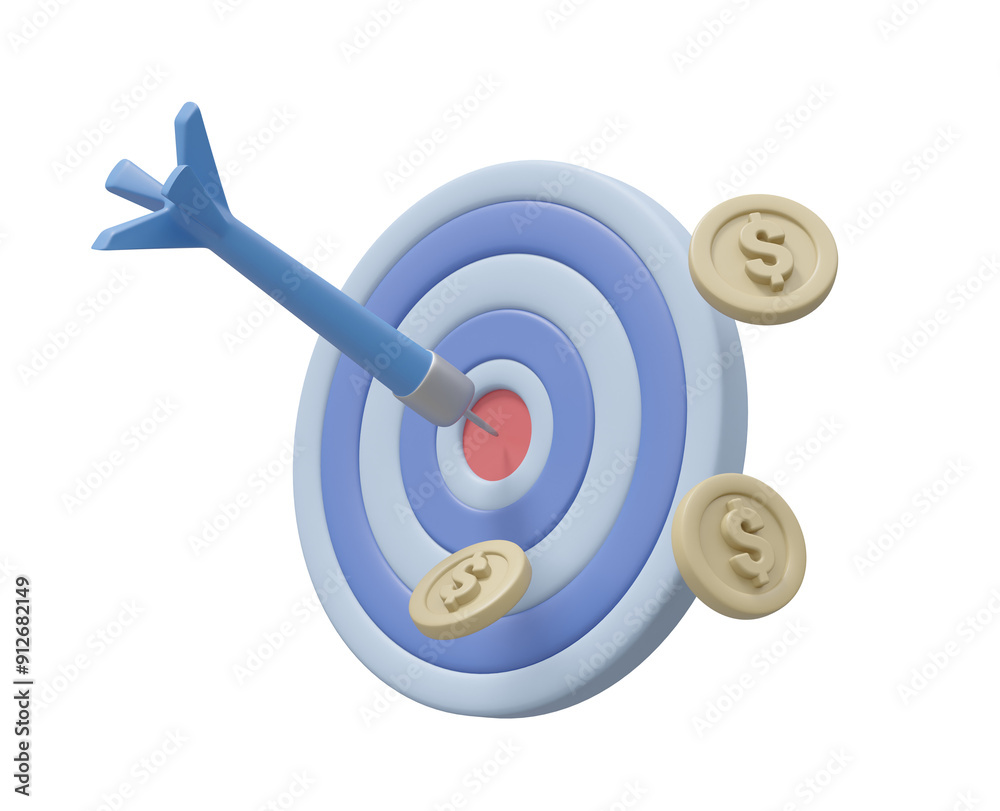 The 3D illustration includes a target, dart and dollar coin icon. which symbolizes the pursuit of focused financial goals Isolated on a transparent background. The 3D illustration includes a target, dart and dollar coin icon. which symbolizes the pursuit of focused financial goals Isolated on a transparent background.