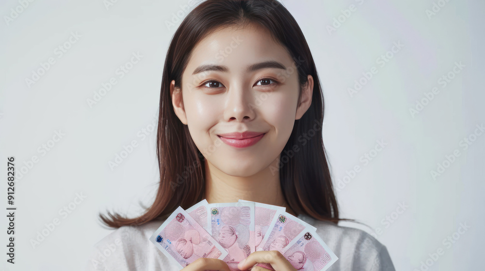 Cheerful Asian woman with South Korean won money in hands, looking thoughtful and smiling, isolated on white background