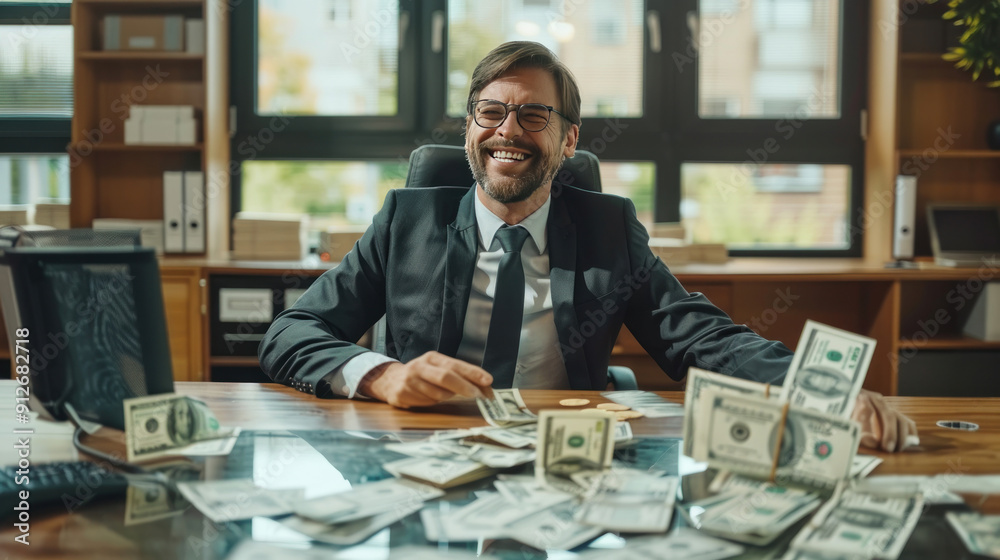 Happy businessman smiling broadly with a heap of dollar bills spread across his desk in the office Happy businessman smiling broadly with a heap of dollar bills spread across his desk in the office