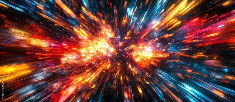 Fototapeta premium Vibrant and Colorful Light Energy Flashes Dynamic Motion Background with Warped Graphics Accelerated Blast Effect High Speed Blur and Zoom Background Abstract Light Technology Wallpaper