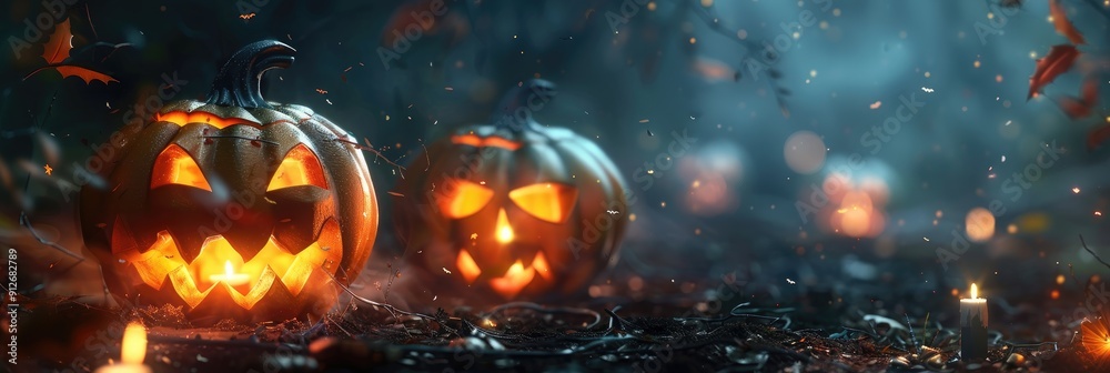 Dark Halloween card with carved pumpkins and lit candles Dark Halloween card with carved pumpkins and lit candles