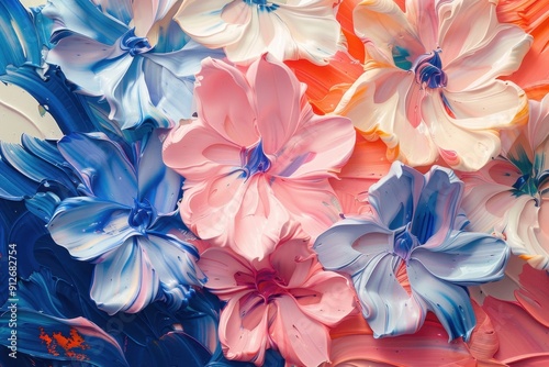 Abstract Floral Painting with Blue, Pink, and Orange Hues