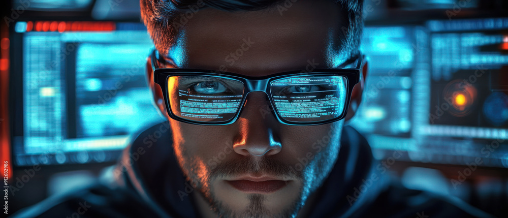 Ethical hacker, An ethical hacker at a workstation, surrounded by screens that display real-time analytics of cyber threats. The hacker, wearing glasses and a hoodie, is executing Ethical hacker, An ethical hacker at a workstation, surrounded by screens that display real-time analytics of cyber threats. The hacker, wearing glasses and a hoodie, is executing
